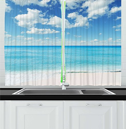 Ambesonne Tropical Kitchen Curtains, Exotic Beach with Vivid Sky Sunny Day Holiday Relaxing Ocean Island Scenery, Window Drapes 2 Panels Set for Kitchen Cafe, 55 W X 39 L Inches, Sky Blue Aqua Ambesonne Tropical Kitchen Curtains, Exotic Beach with Vivid Sky Sunny Day Holiday Relaxing Ocean Island Scenery, Window Drapes 2 Panels Set for Kitchen Cafe, 55 W X 39 L Inches, Sky Blue Aqua