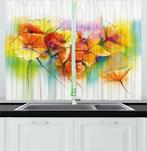 Ambesonne Watercolor Flower Home Decor Kitchen Curtains, Vibrant Autumn Bouquet withTypes of Blooms Daffodil Fragrant Image, Window Drapes 2 Panels Set for Kitchen Cafe, 55 W X 39 L Inches, Multi