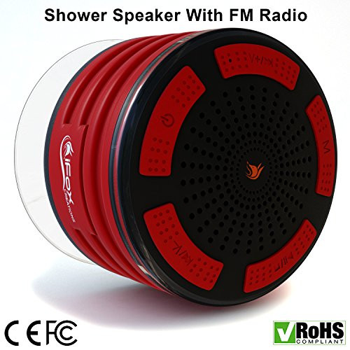 iFox iF013 Bluetooth Shower Speaker - 100% Waterproof Shower Radio. Wireless It Pairs to All Bluetooth Devices - Phones, Tablets, Computer, Games (Red & Black)