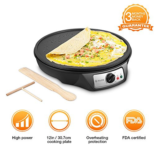 Electric Crepe Maker, iSiLER 1080W Electric Pancakes Maker Griddle, 12" Electric Nonstick Crepe Pan with Batter Spreader & Wooden Spatula, Precise Temperature Control for Roti, Tortilla, Eggs, BBQ