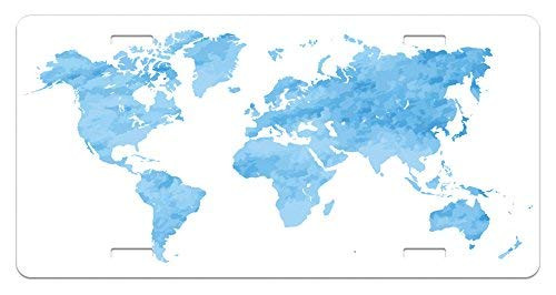 Map License Plate Blue Watercolor Style World Map Pastel Colored Display of Continents High Gloss Aluminum Novelty Plate 5.88 inch X 11.88 inch Pale Blue White