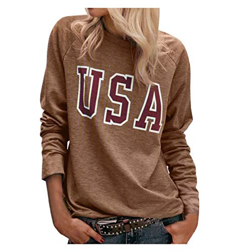YSLMNOR Letter Printed Tshirt for Womens Round Neck Long Sleeve Pullover Tops Casual Blouses Coffee