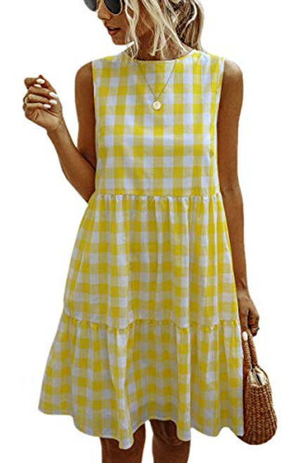 ECOWISH Women Dresses Plaid Sleeveless Summer Casual Sundress A Line Loose Swing T Shirt Mini Dress with Pockets Yellow Large ECOWISH Women Dresses Plaid Sleeveless Summer Casual Sundress A Line Loose Swing T Shirt Mini Dress with Pockets Yellow Large