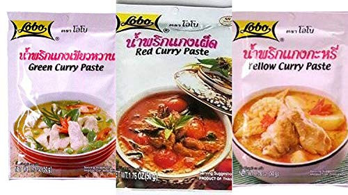 Lobo Curry Paste Variety Bundle 1.76 oz packet -Pack of 6- includes 2-Pkt Red Curry Paste  Plus 2-Pkt Green Curry Paste  Plus 2-Pkt Yellow Curry Paste