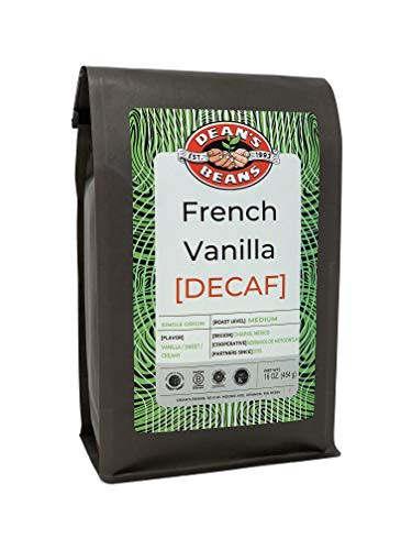 Deans Beans Organic Coffee Company French Vanilla Kiss Natural Water Process Decaf Ground 16 Ounce Bag -Fair Trade and Kosher Certified-