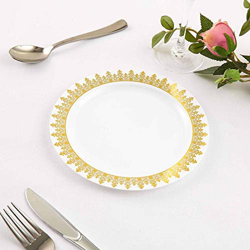 Efavormart 50 Pack 8 inch White Plastic Disposable Dessert Salad Plates with Gold Ornament Hot Stamped Rim for Wedding Banquet
