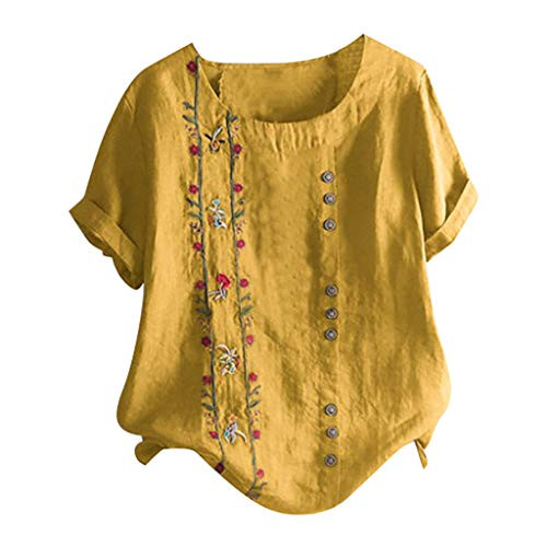 Meikosks Womens Floral Embroidered Top Short Sleeves Plus Size T Shirt Cotton Linen Blouse Yellow