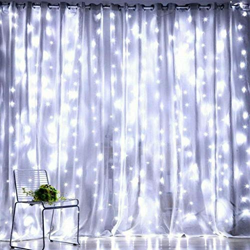 Hunputa 300 LED 8 Lighting Modes Window Curtain String Light Remote Control USB Powered for Christmas Bedroom Party Wedding Garden Wall Curtain String Lights -White-