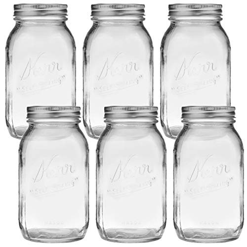 Kerr Glass Mason Jars Regular Mouth 32 oz Bundle - Set of 6 Quart Size Mason Jars - Canning Glass Jars with Lids