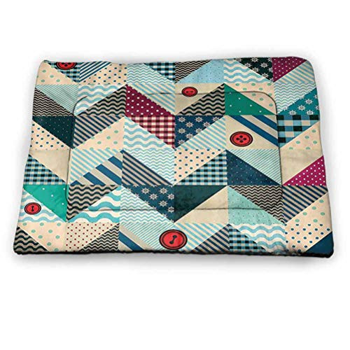 prunushome Dog Bed Dog Crate Mat Farmhouse Decor Dog  and  Cat Beds for Crates Chevron Patchwork with Vintage Stylized Line and Retro Button Forms Kitsch Artsy for Pets Sleeping Multi -18 inchx12 inch-