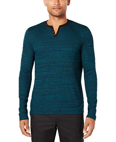 Alfani Mens Textured Space-Dyed Stretch Henley Emerald Teal Small