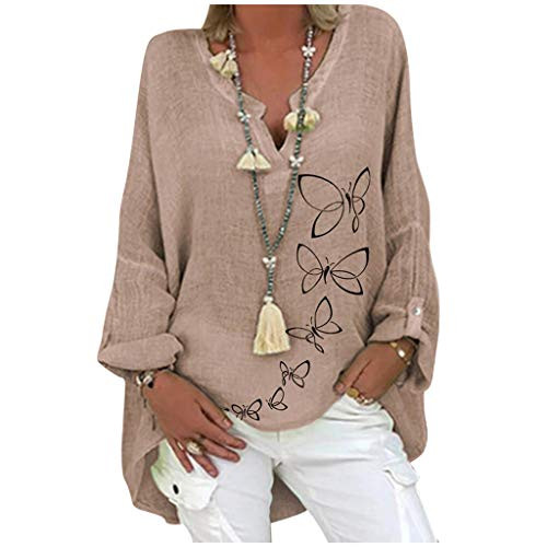 aihihe Cotton Linen Tops for Women Plus Size Loose Fit Long Sleeve V Neck T Shirts Blouse Tunic Pullover