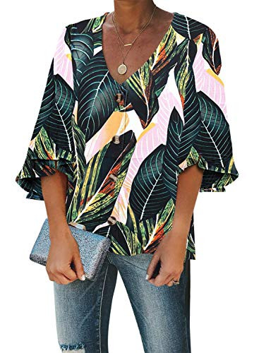AlvaQ Women Short Sleeve V Neck Chiffon Blouses Floral Printed Button Down Tops Summer Casual Shirt Blouses Plus Size Green 1X