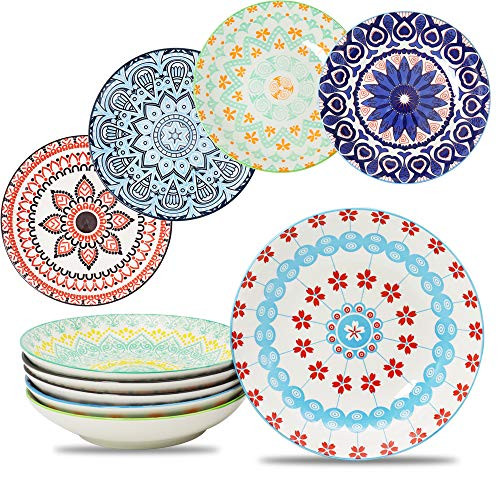 Farielyn-X Large Salad Pasta Bowls Set of 6 Wide and Shallow Porcelain Dinner Bowl/Dishes 27 oz Assorted Patterns Serving Plates and Bowls for Pasta Salad Cereal Soup Microwave  and  Dishwasher Safe