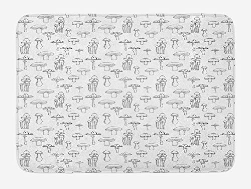 TAQATS Mushroom Bath Mat Collection of Different Mushrooms Doodle Style Monochrome Display Organic Garden Plush Bathroom Decor Mat with Non Slip Backing 23.6 W X 15.7 W Inches Black White