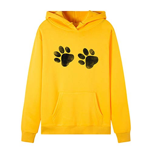 Hoodies for Women Long Sleeve Footprintsd Print Color Block Hooded Sweatshirt Drawstring Pullover Tops Yellow