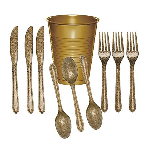 Creative Converting Glitz Gold Cutlery -24 Utensils- and Glittering Gold Plastic Party Cups -20 Count-