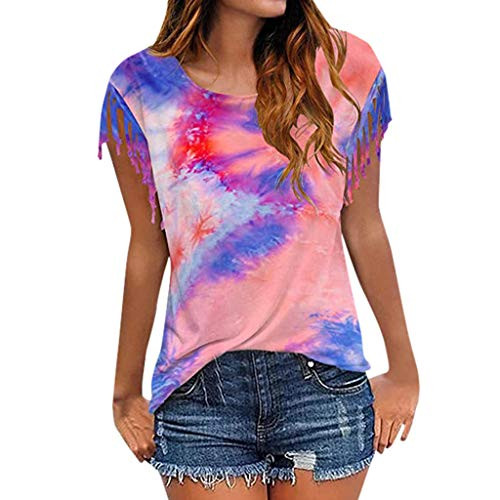 Meikosks Tassel Sleeve Tshirt Womens Tie-dye Printed Casual Tops O Neck Short Sleeve Tshirts Blue Meikosks Tassel Sleeve Tshirt Womens Tie-dye Printed Casual Tops O Neck Short Sleeve Tshirts Blue