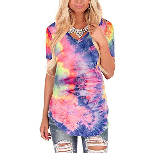 Meikosks Womens Tie-dye Printed Loose Tshirt V Neck Short Sleeve Tops Fashion Casual Blouses Purple Meikosks Womens Tie-dye Printed Loose Tshirt V Neck Short Sleeve Tops Fashion Casual Blouses Purple