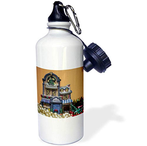 3dRose Stamp City - Holiday - Photograph of a Quaint Christmas Coffee House on Display with Garland. - 21 oz Sports Water Bottle -wb_304387_1-
