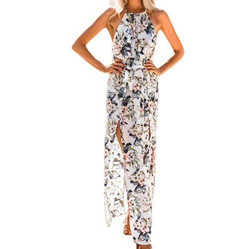 Hmlai Womens Dress Womens Summer Boho Floral Print Split Side Long Evening Party Beach Maxi Dress -S White- Hmlai Womens Dress Womens Summer Boho Floral Print Split Side Long Evening Party Beach Maxi Dress -S White-