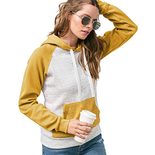 Hoodies for Women Pullover Colorblock Hooded Drawstring Sweatshirt Casual Long Sleeve Tunic Tops Coat Outwear Yellow