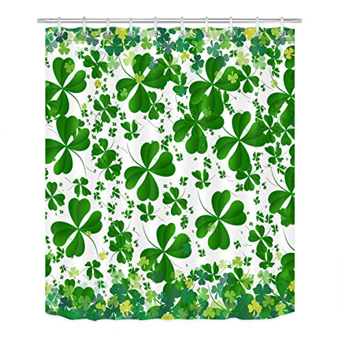 LB Happy St.Patricks Day Shower Curtain Spring Fresh Green Leaf Clover Design Shamrock Shower Curtain 60x72 inch Waterproof Polyester Fabric Irish Bathroom Decor with 10 Hooks