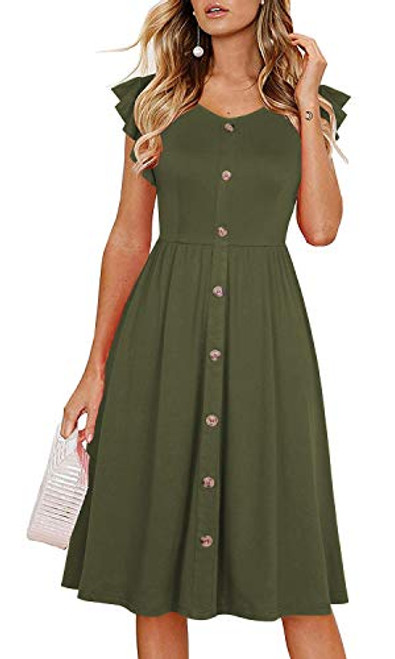 Lamilus Button Dresses for WomenWomens Summer Casual Ruffle Sleeve V-Neck Button Down A-Line Swing Dress -XLL026-Army Green-