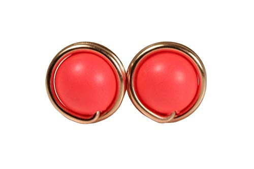 Neon Red Stud Earrings - Rose Gold or Yellow Wire Wrapped Swarovski Pearls Handmade