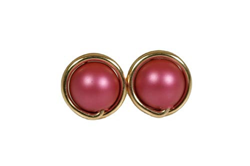 Gold Dark Pink Pearl Stud Earrings - Yellow or Rose Gold Wire Wrapped Mulberry Swarovski Pearls Handmade