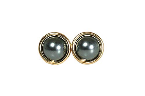 Gold Blue Grey Pearl Stud Earrings with Swarovski Pearls Wire Wrapped Yellow or Rose Gold Filled