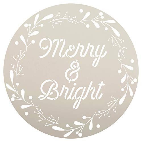 Merry  and  Bright Stencil with Wreath by StudioR12 - DIY Circle Script Christmas Home Decor - Craft  and  Paint Cursive Rustic Holiday Wood Signs - Reusable Mylar Template - Select Size -18 inch-