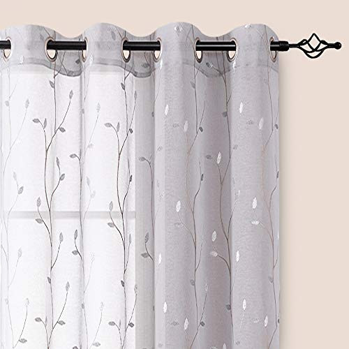Grey Sheer Curtains for Bedroom 63 Inch Length Floral Embroidered Sheers for Living Room Embroidery Voile Grommet Window Curtain 2 Panels Grey