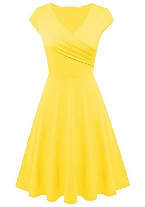 OMZIN Womens V Neck Dress Short Sleeve Dress Casual Flared Dress A Line Midi Dress Black Yellow 3XL