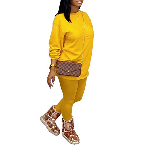 Womens 2 Piece Outfits Tracksuit Long Sleeve Oversized Sweatshirts High Waisted Skinny Pants Sweatsuit Jogger Set Yellow XL