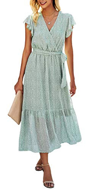 BTFBM Women Summer Bohemian Floral Casual Wrap V Neck Ruffle Cap Sleeveless Belt A-Line Pleated Hem Swing Midi Sun Dress -Light Green Small- BTFBM Women Summer Bohemian Floral Casual Wrap V Neck Ruffle Cap Sleeveless Belt A-Line Pleated Hem Swing Midi Sun Dress -Light Green Small-