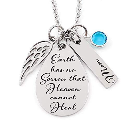 Memorial Jewelry Necklace - Earth has no Sorrow that Heaven cannot Heal- Teardrop Pendant Bar Charm Angel Wing  and  Birthstone Crystal