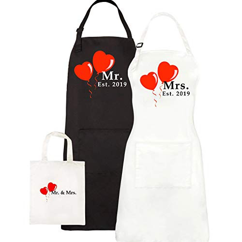 Mr. and Mrs. Aprons Est. 2019, Couples Wedding Engagement Gifts, His Hers Bridal Shower Gift Set, With Gift Bag By Let the Fun Begin