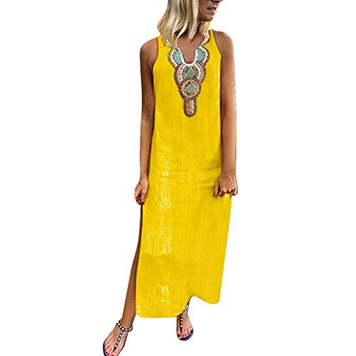 Womens Printed Sleeveless V-Neck Maxi Dress Split Hem Baggy Kaftan Long Dress Yellow Womens Printed Sleeveless V-Neck Maxi Dress Split Hem Baggy Kaftan Long Dress Yellow