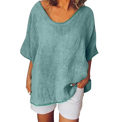 Meikosks Ladies Summer Solid Color Blouse Cotton and Linen Short Sleeves T Shirt Plus Size Tops Green