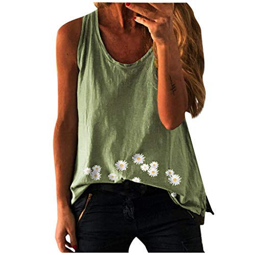 Meikosks Womens Daisy Print Plus Size Vest O-Neck Sleeveless Blouses Loose Casua Tank Tops Green