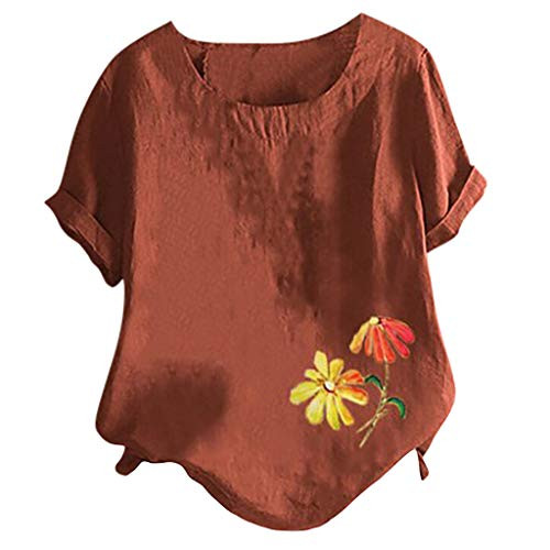 Meikosks Ladies Summer Cotton and Linen Short Sleeve T Shirt Plus Size Loose Blouses Casual Tops Orange