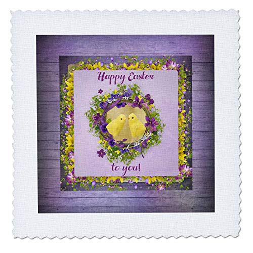 3dRose Image of Chicks in Flora Frame Happy Easter Purple Yellow - Quilt Squares -qs_333644_6-