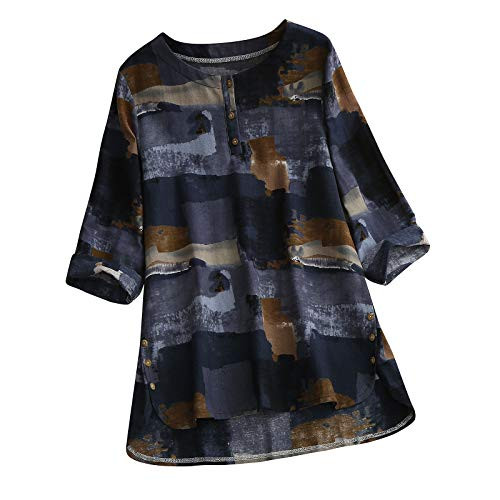 HEFYBA Button Cotton Linen Shirts for Women Vintage Long Sleeve Printed T-Shirt Fashion Crewneck High Low Hem Tops Side Split Loose Casual Long Blouse Plus Size