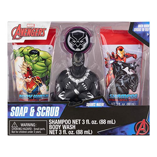 Marvel Avengers Black Panther 4 Piece Soap  and  Scrub. Shampoo Body Wash Bath Scrubby  and  Hook. Avenging Apple Scented.