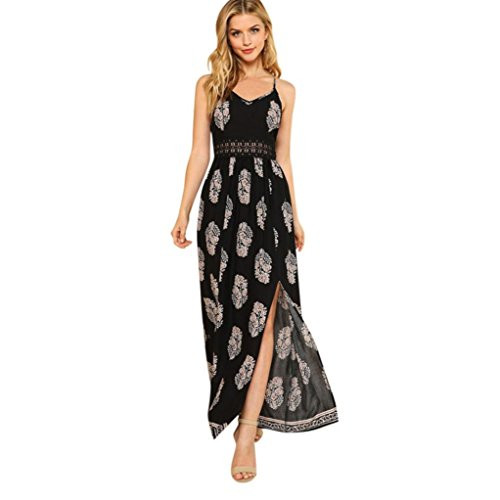 Hmlai Womens Dress Womens Boho Side Split Feather Print Spaghetti Straps Party Maxi Dress -S Black- Hmlai Womens Dress Womens Boho Side Split Feather Print Spaghetti Straps Party Maxi Dress -S Black-