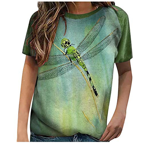 Graphic T Shirts for Women Summer Dragonfly Print Loose Casual Tee Shirts Cute Soft Loose O-Neck Short Sleeves Tops Blouse Mint Green