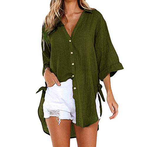 TOPUNDER Loose Button Down T-Shirt for Womens Long Shirt Cotton Tops Ladies Casual Blouse Green