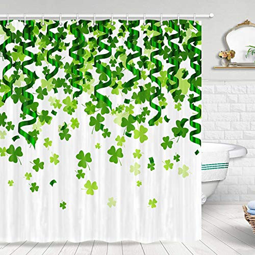 St. Patricks Day Clover Shower Curtain Green Clover Shamrock Irish Shamrock Bathroom Set Fabric Shower Curtain Set with Hooks 70 in