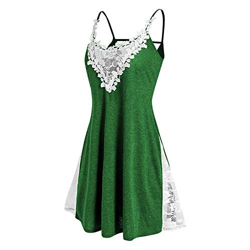 Sleeveless Dress for Women Lace Floral Applique Panel Stitching V Neck Loose Ruffled A-line Backless Dresses Green